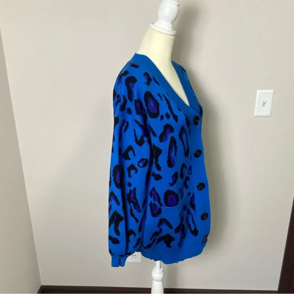 Sugar Lips Blue Animal Print Oversized Long Knit Cardigan Women's Size Medium